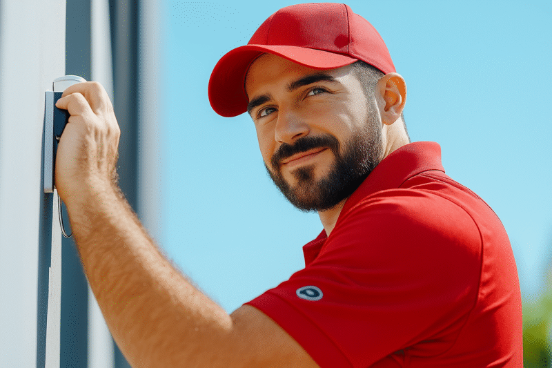 technician fixing access control system red uniform